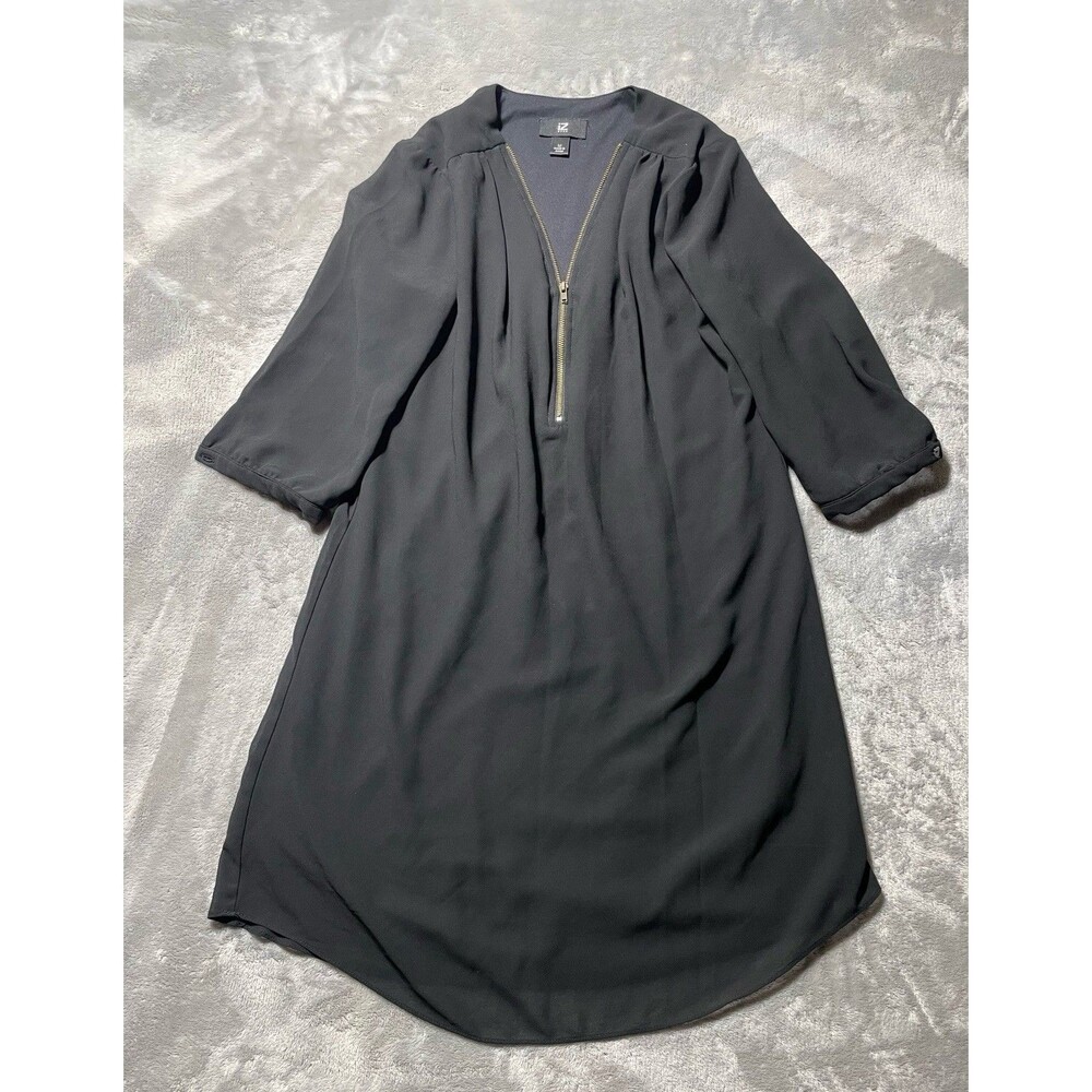 IZ Byer Chiffon Zipper Front Tunic Dress Women’s Medium Black 3/4 Sleeves